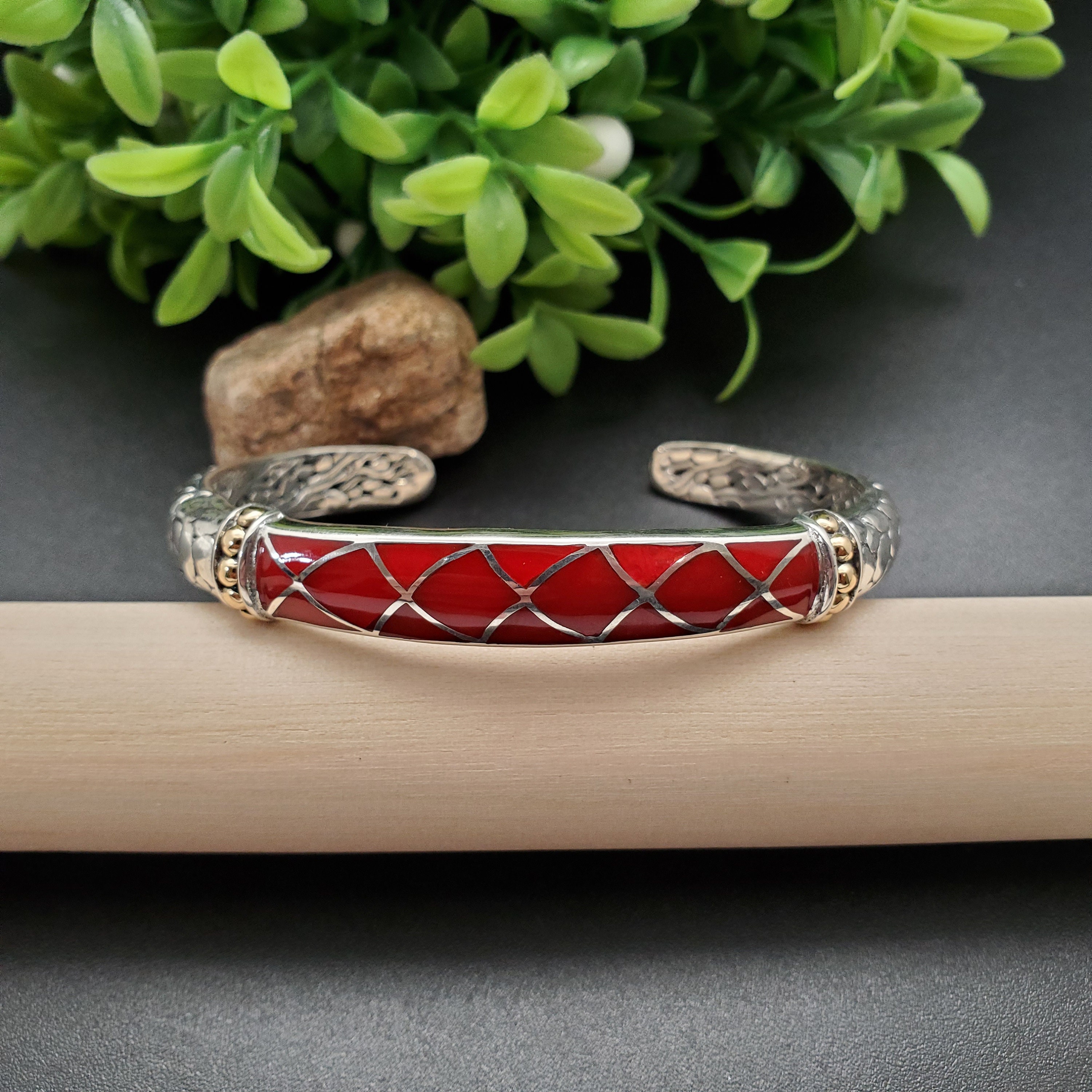 KK-197 | Sterling Silver Red Coral Bracelet Cuff | Balinese Red Coral Bracelet Cuff | Handmade Coral Silver Bracelet Jewelry | Gift For Her