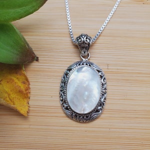 ATS-AYU083 | White Mother of Pearl Necklace Pendant Option With Silver Chain | Sterling Silver White Shell Pendant | Mother of Pearl Pendant