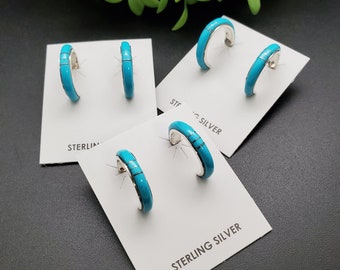 HEP48 | Lovely Turquoise Inlay Hoop Earring Posts | Sterling Silver Blue Turquoise Hoop Earrings | Turquoise Posts | Southwest Earrings