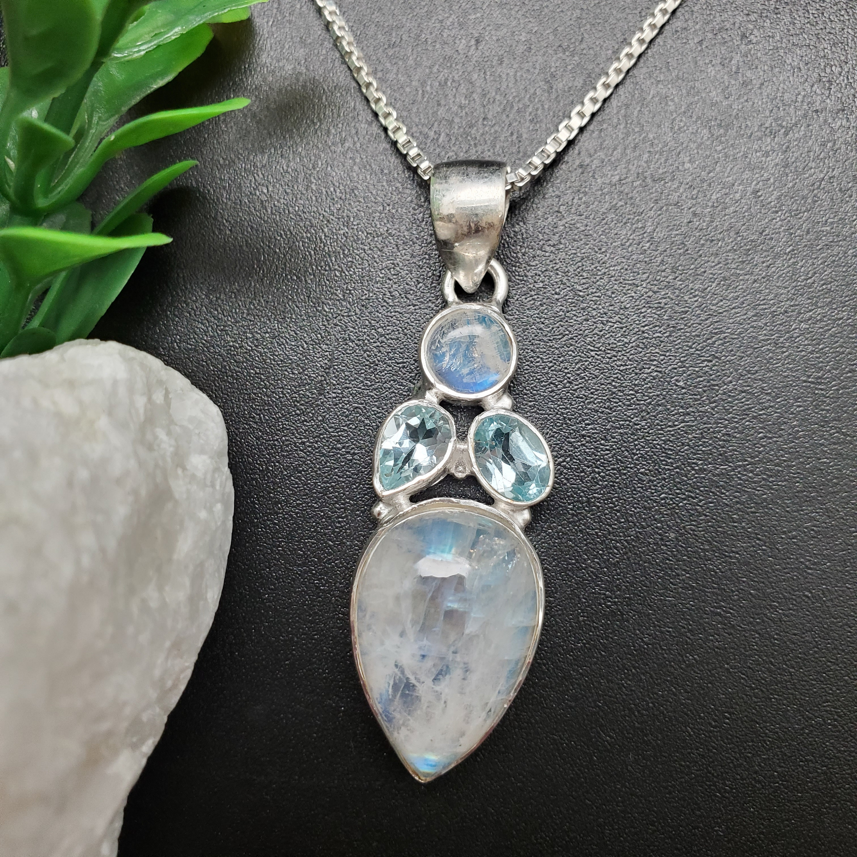 ATS#PD074 | Big Rainbow Moonstone Blue Topaz Necklace Pendant