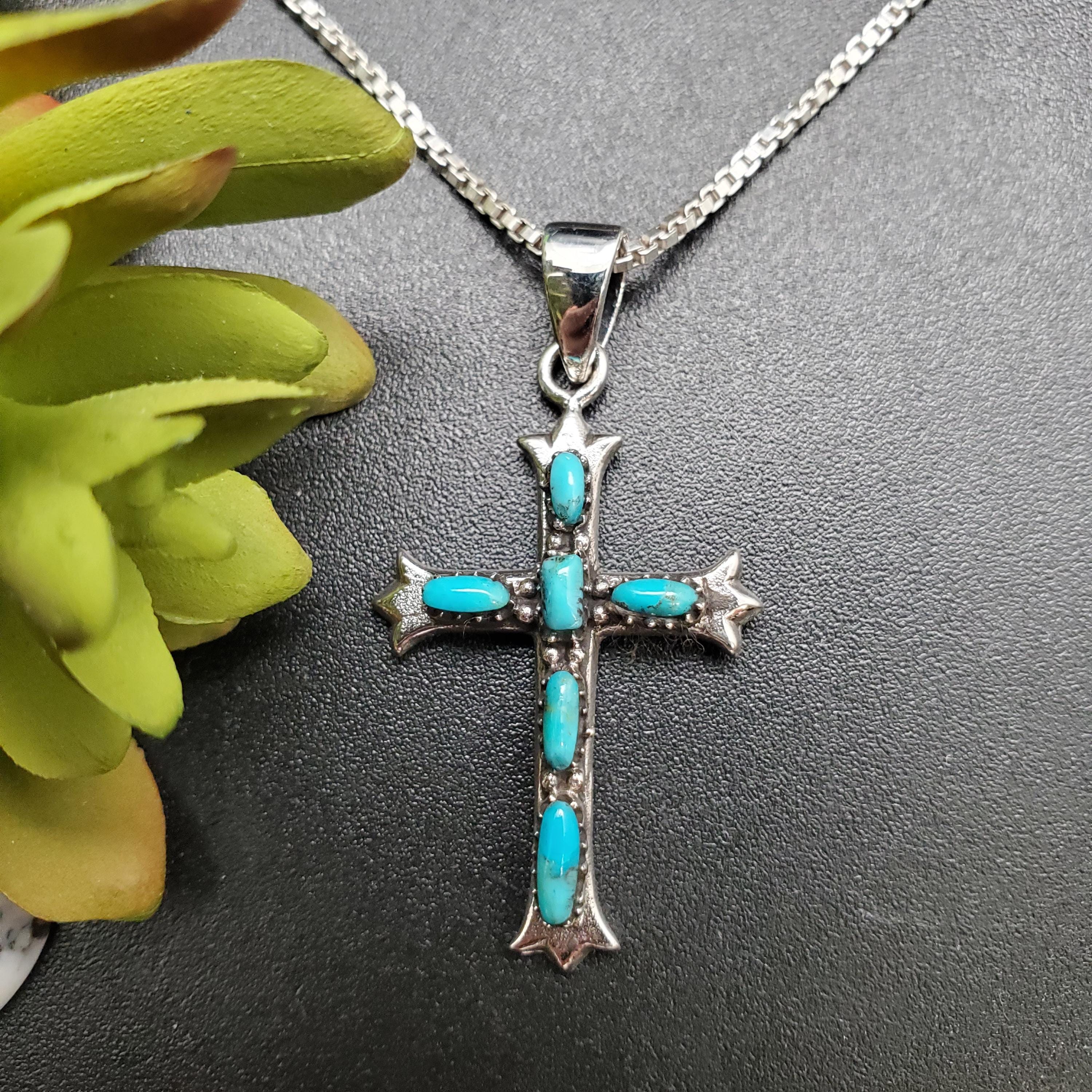 QQ-212 | Turquoise Cross Pendant Necklace | Sterling Silver