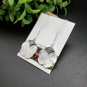 ATS-AYU220 | White Mother of Pearl Flower Earrings | Sterling Silver White Shell Flower Drop Earrings |  White Flower Earrings Gift For Her