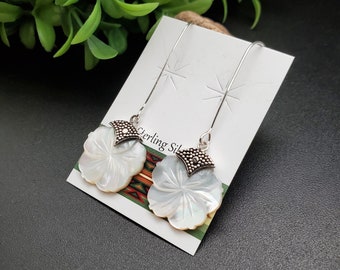 ATS-AYU220 | White Mother of Pearl Flower Earrings | Sterling Silver White Shell Flower Drop Earrings |  White Flower Earrings Gift For Her