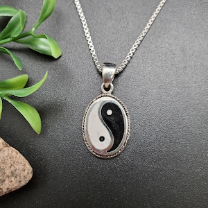 ATS-AYU120 | Lovely Black White Inlay Yin Yang Necklace Pendant Option With Silver Chain | Sterling Silver Yin and Yang Pendant Gift For Her