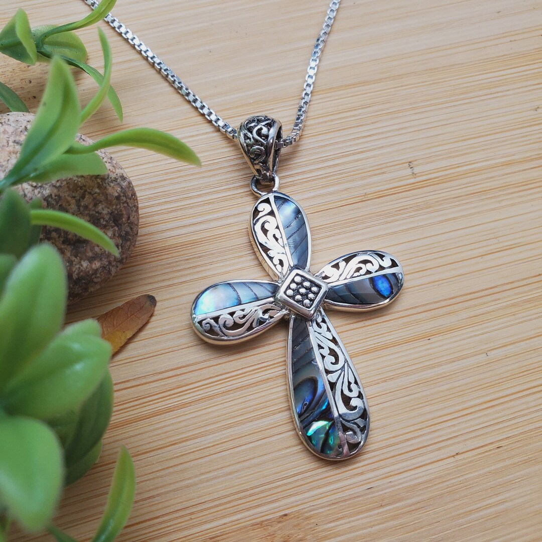 Shells Inlay Jewelry ATS-AYU061 | Big Inlaid Abalone Shell Inlay Cross Necklace Pendant ...