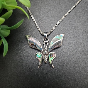 ATS-AYU253 | Inlay Abalone Shell Butterfly Necklace Pendant Option With Silver Chain | Sterling Silver Paua Shell Butterfly, Abalone Pendant