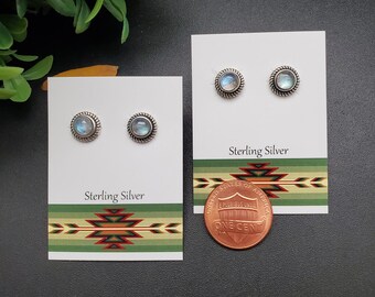 ATS-PST020 | 8mm Rainbow Moonstone Post Earrings | Sterling Silver Moonstone Studs | Small Moonstone Posts | Small Silver Moonstone Earrings