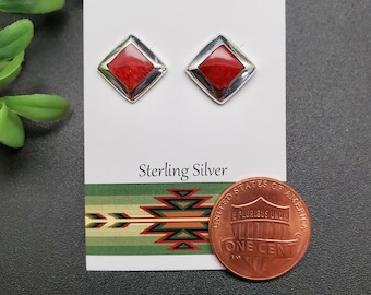 JJS-652 | Dainty Small Red Coral Earrings | Sterling Silver Red Coral Post Earrings | Red Stone Stud Earrings | Simple Square Coral Posts