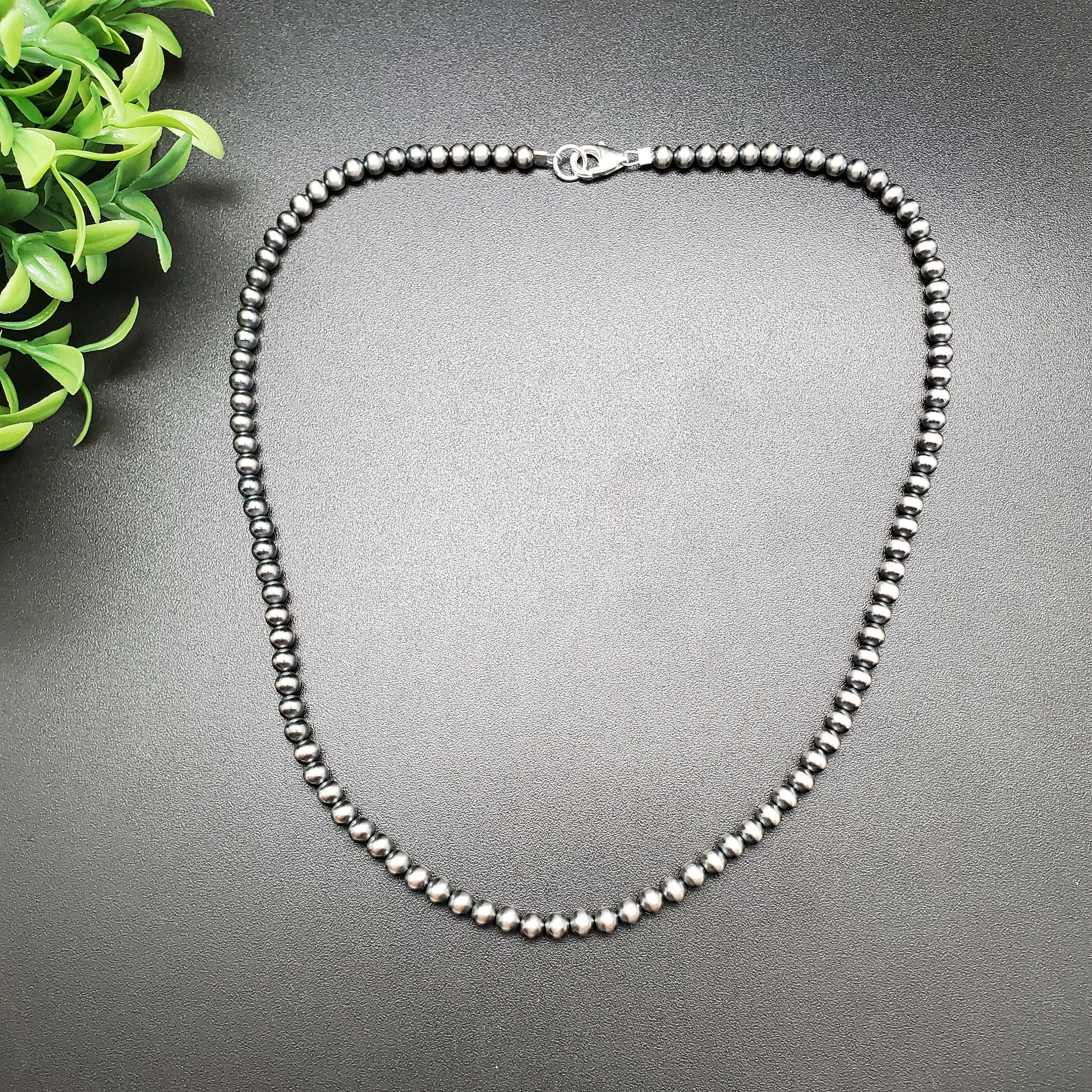 QQ-249 | 4mm Southwestern Navajo Pearl Silver Beads Necklace 17.5