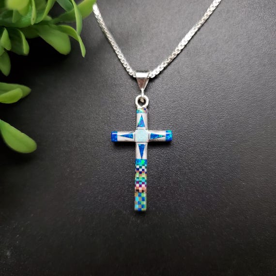 Collana Con Croce In Argento Sterling 925 E Turchese Vera - Gioiello Religioso Unisex Portafortuna
