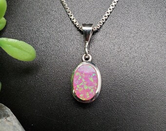JJS-750 | Groß Oval Pink Opal Halskette Anhänger Option der Silberkette Halskette | Sterling Silber Rosa Opal Halskette | Rosa Opal Anhänger