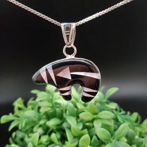 QQ-534 | Big Unique Inlay Black And White Bear Necklace Pendant Option With Silver Chain | Sterling Silver Inlay Zuni Bear Pendant Necklace