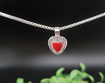 QQ-601 | Dainty Red Coral Heart Necklace Pendant With Option of Silver Chain | Sterling Silver Heart Shape Red Coral Pendant Necklace