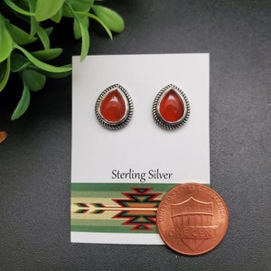 ATS-PST031 | 10x12mm Teardrop Carnelian Crystal Post Earrings | Sterling Silver Carnelian Studs | Orange Stone Posts | Carnelian Jewelry