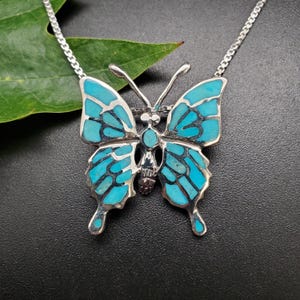 QQ-045B | Turquoise Butterfly Necklace Pendant | Sterling Silver Butterfly Pendant | Silver And Turquoise Butterfly Jewelry | Turquoise