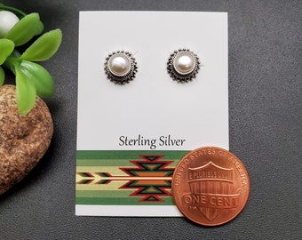 JJS-580 | 8mm Round Inlay White Mother of Pearl Earrings | Sterling Silver White Shell Studs | White Flower Posts | Flower Silver Posts