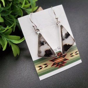 QQ-685 | Big Zebra Jasper Dangle Earrings | Sterling Silver Southwest Earrings | Multicolor Black And White Zebra Earrings | Unique Earrings