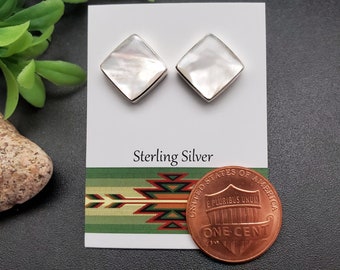 JJS-636 | Dainty Inlay White Mother of Pearl Earrings | Sterling Silver White Shell Studs | Lovely White Posts | Big Square Silver Studs
