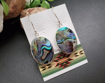 FFD #503 | Abalone Shell Inlay Dangle Earrings | Sterling Silver Abalone Shell Earrings | Dainty Paua Shell Earrings | Big Simple Earrings