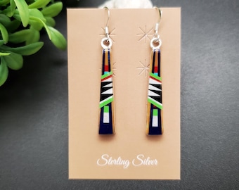 QQ-381 | Long Drop Multicolor Inlay Earrings | Sterling Silver Southwestern Earrings | Colorful Dangle Earrings | Colors Stone Earrings