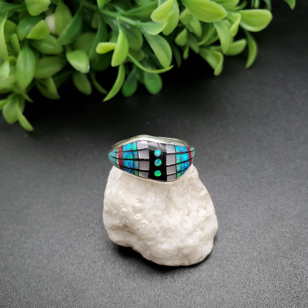 GG-008 | Silver Inlay Opal Ring | Micro Inlay Southwest Ring | Sterling ...