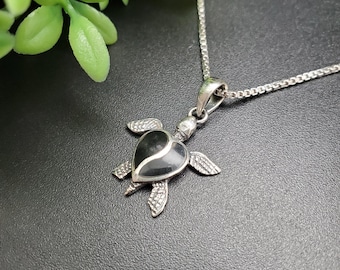 QQ-316 | Dainty Black Onyx Sea Turtle Necklace Pendant | Sterling Silver Fire Opal Turtle Pendant | Silver Inlay Black Sea Turtle Necklace