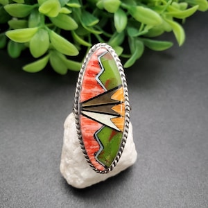 GG-086 | Unique Inlay Ring | Pattern Inlay Southwest Ring | Sterling Silver Inlay Ring | Lady Ring | Multicolor Inlay Ring | Ring For Her