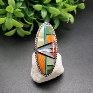 GG-078 | Unique Inlay Ring | Pattern Inlay Southwest Ring | Sterling Silver Inlay Ring | Lady Ring | Multicolor Inlay Ring | Ring For Her