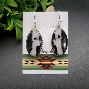 QQ-686 | Big Zebra Jasper Dangle Earrings | Sterling Silver Southwest Earrings | Multicolor Black And White Zebra Earrings | Unique Earrings