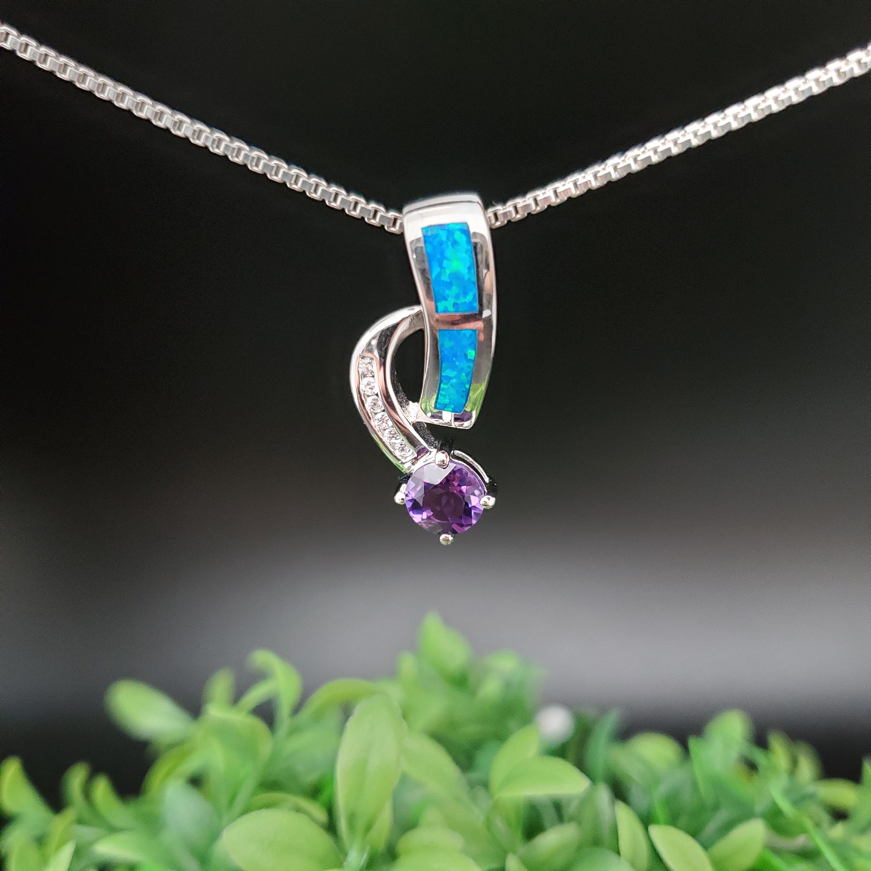 QQ-262 | CZ Amethyst Blue Opal Necklace Pendant | Sterling