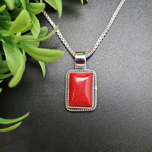 QQ-861 | Southwestern Red Coral Rectangle Necklace Pendant | Sterling Silver Red Coral Pendant | Unisex Red Coral Jewelry | Gift For Her