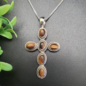 ATS# PD251 | Brown Tigereye Cross Pendant Necklace | Sterling Silver Tigereye Cross Pendant | Tiger Eye Jesus Cross Necklace Pendant