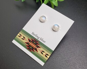 JJS-708 | 7mm Rainbow Moonstone Post Earrings | Sterling Silver Moonstone Posts | Everyday Earrings | Simple Moonstone Studs | Healing Gems