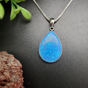 ATS#PD015 | Big Teardrop Blue Opal Necklace Pendant Option of Silver Chain Necklace | Sterling Silver Blue Opal Necklace | Fire Blue Opal