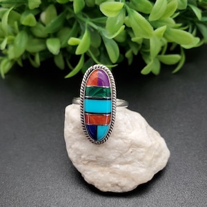 GG-135 | Unique Inlay Ring | Pattern Inlay Southwest Ring | Sterling Silver Inlay Ring | Lady Ring | Multicolor Inlay Ring | Ring For Her