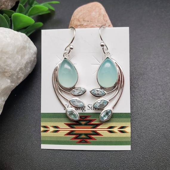 ATS#E016 | Big Blue Topaz Gemstone Dangle Earrings | Healing Blue Topaz Earrings | Sterling Silver Topaz Gemstone Jewelry | Big Earrings