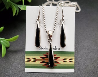 ATS-AYU128 | Dainty Black Onyx Inlay Long Teardrop Earrings, Pendant Set | Sterling Silver Black Onyx Jewelry Set | Black Pendant Earrings