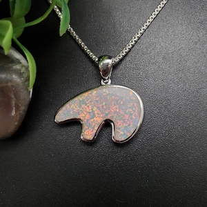 QQ-493-W | White Opal Inlay Bear Pendant Necklace | Sterling Silver White Opal Zuni Bear Necklace Pendant | Silver Opal Bear Pendant