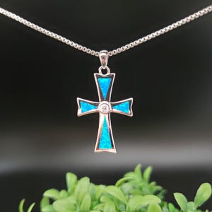 QQ-515 | White Topaz Blue Opal Inlay Cross Necklace Pendant Option of Silver Chain Necklace | Sterling Silver Blue Opal Holy Cross Pendant