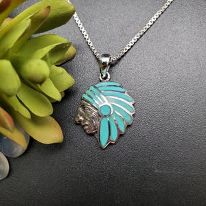 QQ-379 | Türkis Indianerkopf Häuptling Halskette Anhänger Option Silber Kette | Sterling Silber Türkis Inlay Häuptling Kopf Anhänger Halskette
