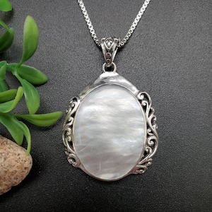 ATS-AYU274 | White Mother of Pearl Necklace Pendant Option With Silver Chain | Sterling Silver White Shell Pendant | Mother of Pearl Pendant