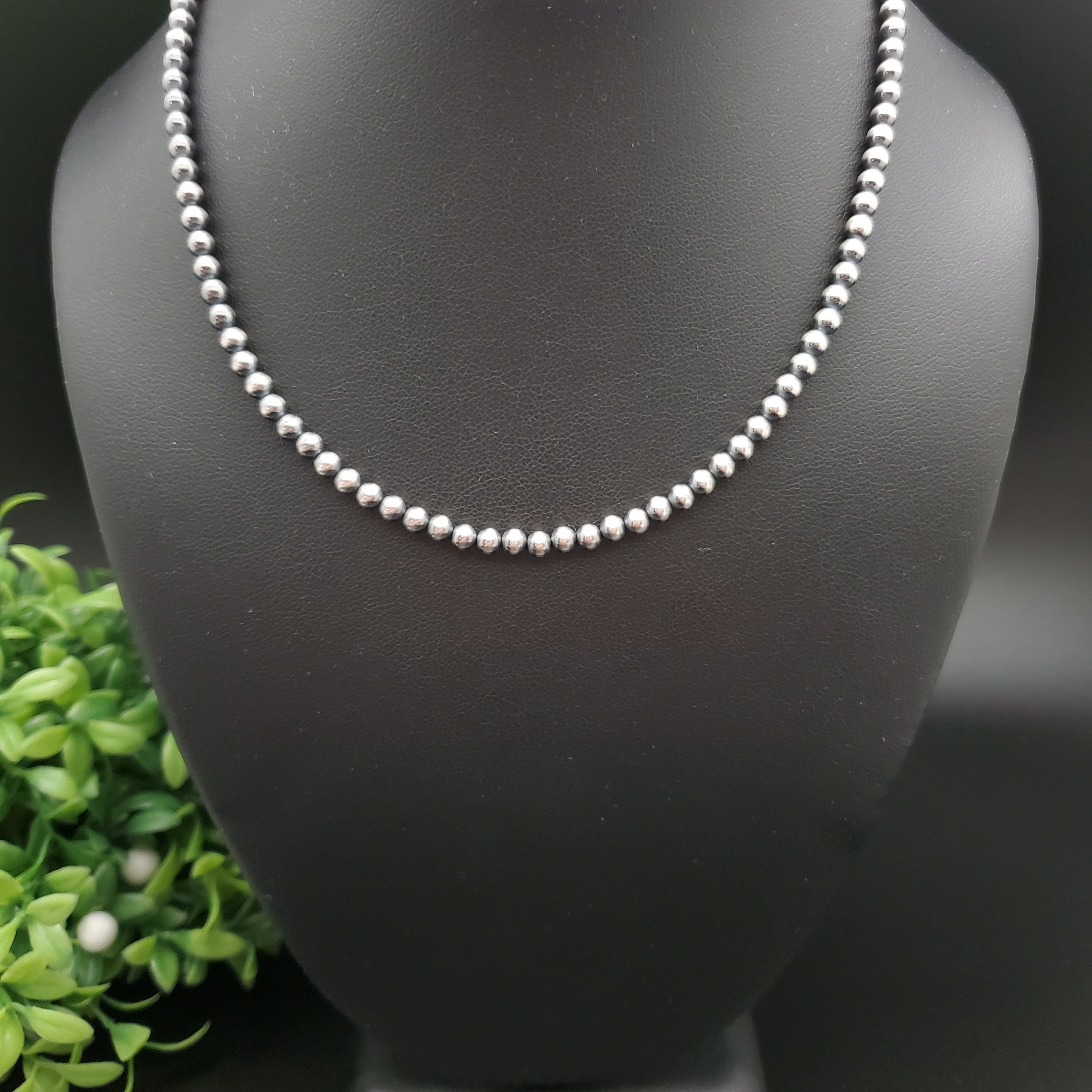 QQ-249 | 4mm Southwestern Navajo Pearl Silver Beads Necklace 17.5