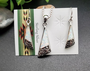 FFD #758 | White Opal Inlay Necklace Pendant, Earrings Set | Sterling Silver Opal Pendant | White Opal Earrings | Jewelry Set | Gift For Her