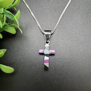 QQ-345 | 2 Sides Blue Opal, Multicolor Inlay Cross Necklace Pendant | Sterling Silver Blue Opal Cross Pendant | Silver Opal Cross Necklace