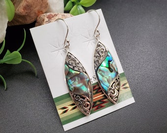 FFD #508 | Abalone Shell Inlay Dangle Earrings | Sterling Silver Abalone Shell Earrings | Dainty Paua Shell Earrings | Big Simple Earrings