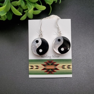 FFD #232 | Yin and Yang Black and White Inlay Dangle Earrings | Sterling Silver Yin Yang Earrings | Dainty Multicolor Earrings Gift For Her