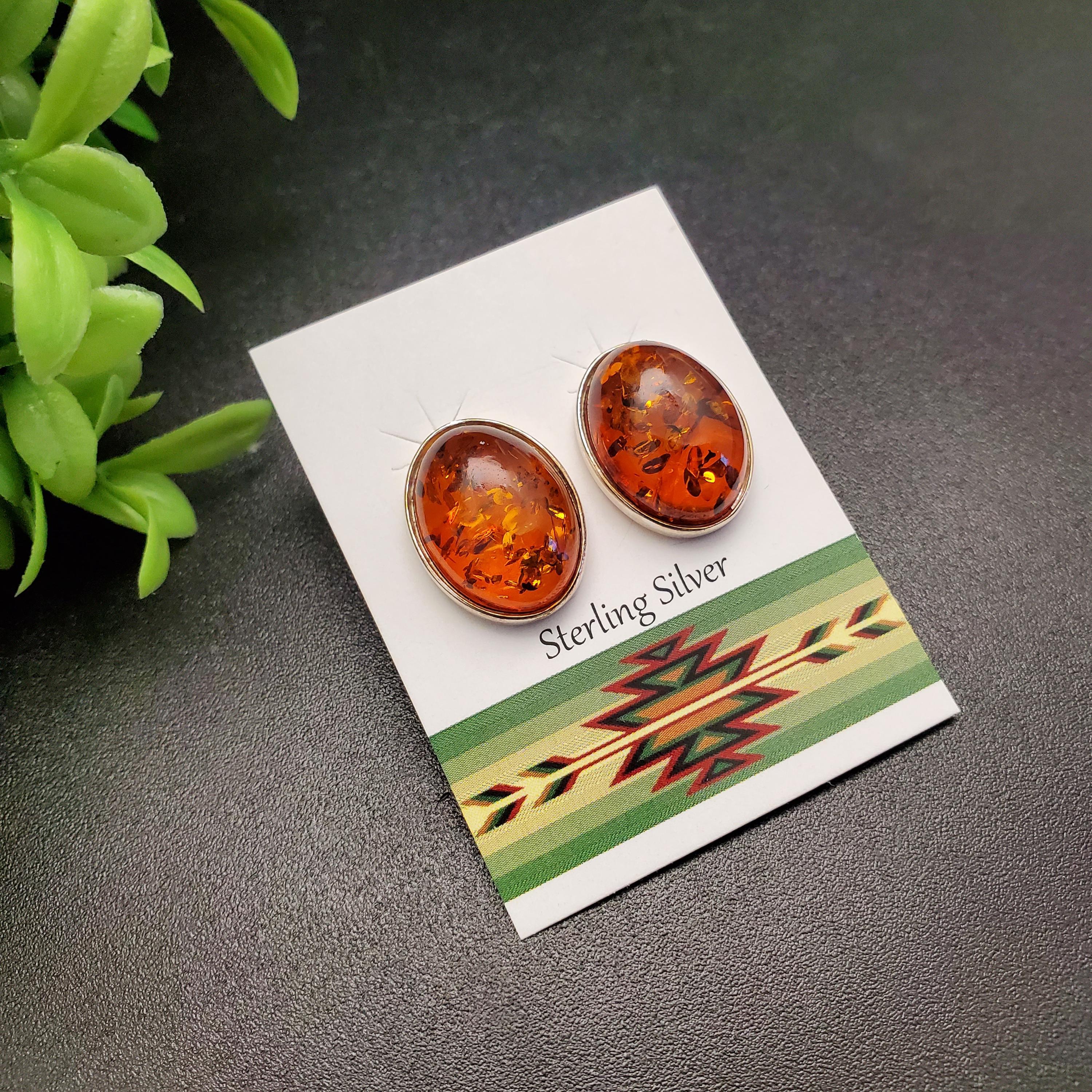 QQ-822 | Big Oval Yellow Amber Posts | Sterling Silver