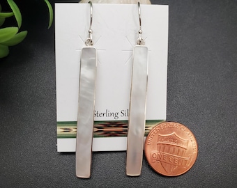 FFD-215 | White Mother of Pearl Rectangle Stick Earrings | Sterling Silver White Shell Inlay Earrings | Long White Mother of Pearl Earrings