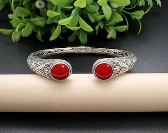 KK-195 | Sterling Silver Red Coral Bracelet Cuff | Balinese Red Coral Bracelet Cuff | Handmade Coral Silver Bracelet Jewelry | Gift For Her