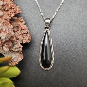 ATS#PD004 | Lovely Long Teardrop Black Onyx Necklace Pendant With Options of Silver Chain | Sterling Silver Black Stone Pendant Necklace
